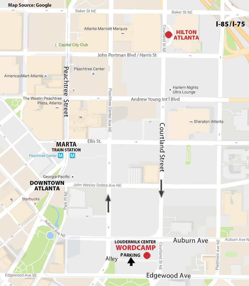 Map showing WordCamp Atlanta and the Hilton Atlanta locations